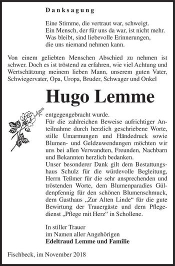 Traueranzeige von Hugo Lemme  von Magdeburger Volksstimme