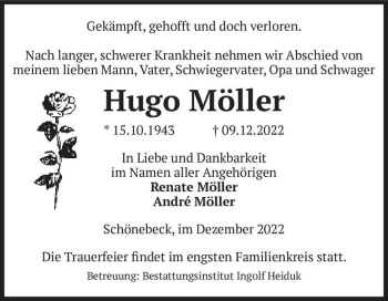 Traueranzeige von Hugo Möller  von Magdeburger Volksstimme
