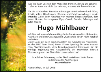 Traueranzeige von Hugo Mühlbauer  von Magdeburger Volksstimme