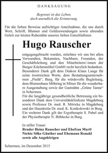 Traueranzeige von Hugo Rauscher  von Magdeburger Volksstimme