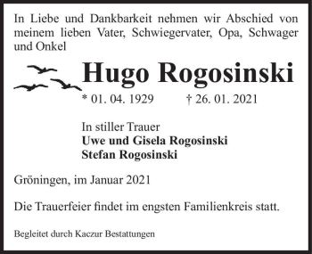 Traueranzeige von Hugo Rogosinski  von Magdeburger Volksstimme