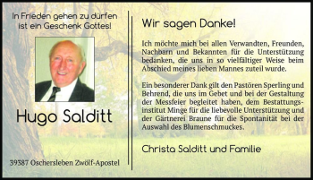 Traueranzeige von Hugo Salditt  von Magdeburger Volksstimme