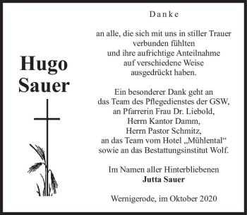 Traueranzeige von Hugo Sauer  von Magdeburger Volksstimme
