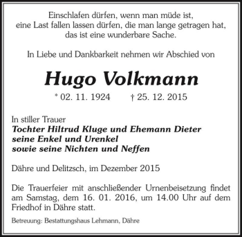 Traueranzeige von Hugo Volkmann  von Magdeburger Volksstimme
