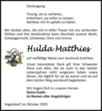 Traueranzeige von Hulda Matthies  von Magdeburger Volksstimme