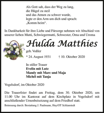 Traueranzeige von Hulda Matthies (geb. Voßler)  von Magdeburger Volksstimme