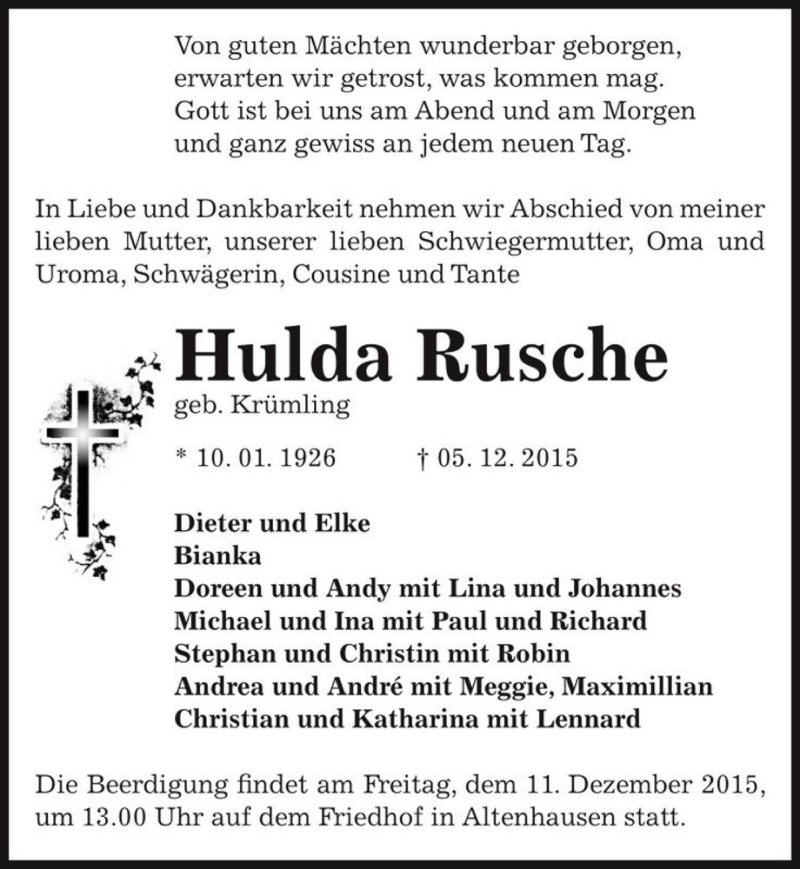  Traueranzeige für Hulda Rusche (geb. Krümling)  vom 08.12.2015 aus Magdeburger Volksstimme