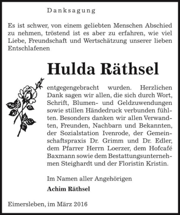 Traueranzeige von Hulda Räthsel  von Magdeburger Volksstimme