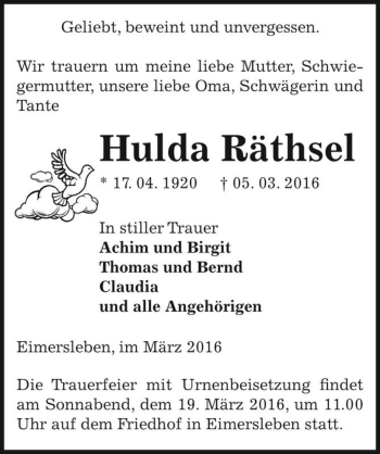 Traueranzeige von Hulda Räthsel  von Magdeburger Volksstimme