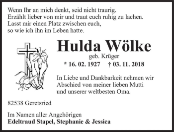 Traueranzeige von Hulda Wölke (geb. Krüger)  von Magdeburger Volksstimme
