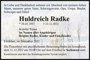Traueranzeige von Huldreich Radke  von Magdeburger Volksstimme