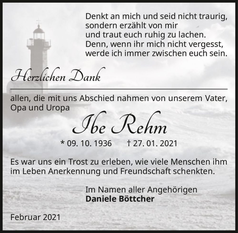  Traueranzeige für Ibe Rehm  vom 27.02.2021 aus Magdeburger Volksstimme