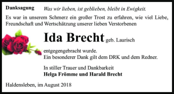 Traueranzeige von Ida Brecht (geb. Laurisch)  von Magdeburger Volksstimme