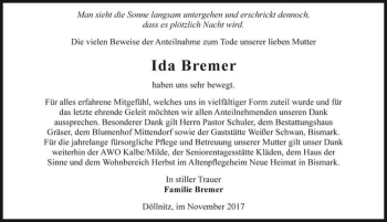 Traueranzeige von Ida Bremer  von Magdeburger Volksstimme