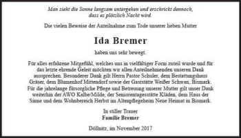 Traueranzeige von Ida Bremer  von Magdeburger Volksstimme