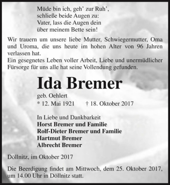 Traueranzeige von Ida Bremer (geb. Oehlert)  von Magdeburger Volksstimme