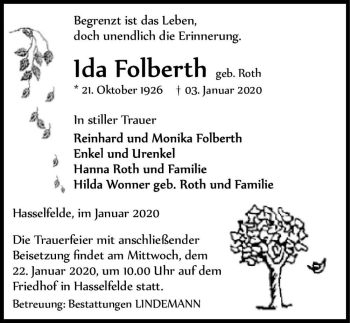 Traueranzeige von Ida Folberth (geb. Roth)  von Magdeburger Volksstimme