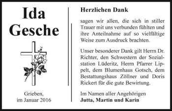 Traueranzeige von Ida Gesche  von Magdeburger Volksstimme