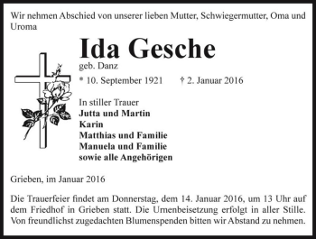 Traueranzeige von Ida Gesche (geb. Danz)  von Magdeburger Volksstimme