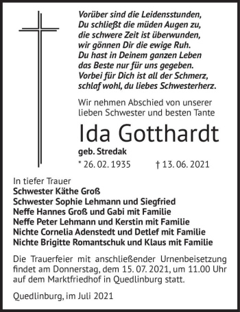Traueranzeige von Ida Gotthardt (geb. Stredak)  von Magdeburger Volksstimme