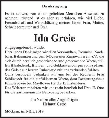 Traueranzeige von Ida Greie  von Magdeburger Volksstimme