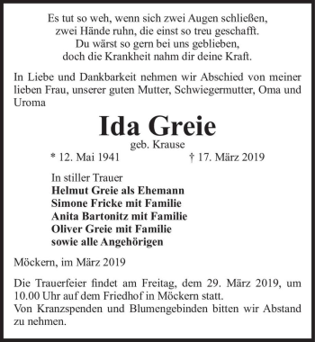 Traueranzeige von Ida Greie (geb. Krause)  von Magdeburger Volksstimme