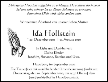 Traueranzeige von Ida Hollstein  von Magdeburger Volksstimme