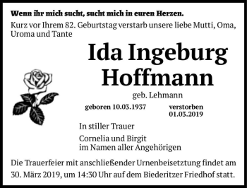 Traueranzeige von Ida Ingeburg Hoffmann (geb. Lehmann)  von Magdeburger Volksstimme