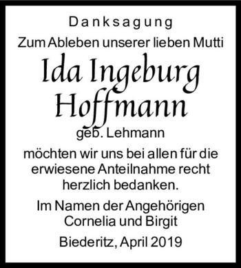 Traueranzeige von Ida Ingeburg Hoffmann (geb. Lehmann)  von Magdeburger Volksstimme