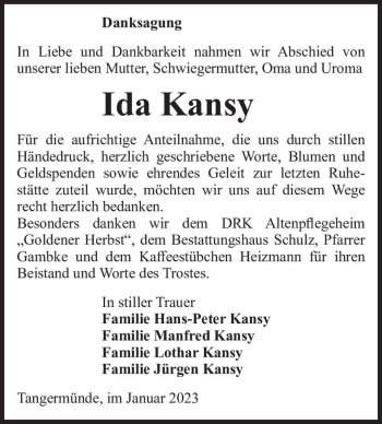 Traueranzeige von Ida Kansy  von Magdeburger Volksstimme