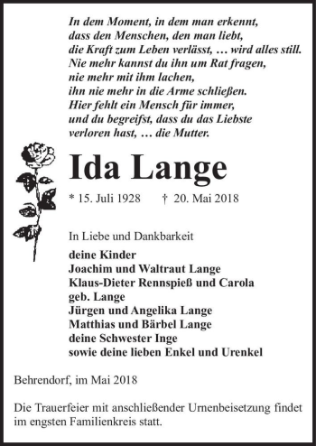 Traueranzeige von Ida Lange  von Magdeburger Volksstimme