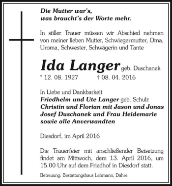 Traueranzeige von Ida Langer (geb. Duschanek)  von Magdeburger Volksstimme