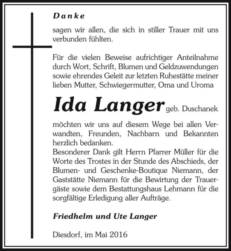  Traueranzeige für Ida Langer (geb. Duschanek)  vom 20.05.2016 aus Magdeburger Volksstimme