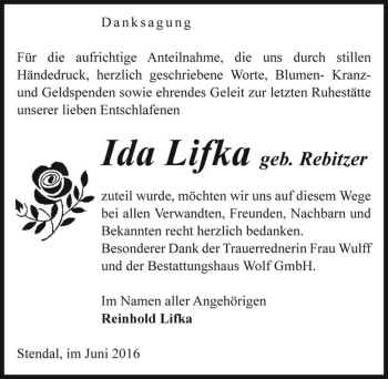 Traueranzeige von Ida Lifka (geb. Rebitzer)  von Magdeburger Volksstimme