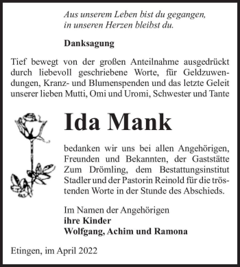 Traueranzeige von Ida Mank  von Magdeburger Volksstimme