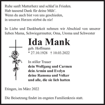 Traueranzeige von Ida Mank (geb. Hoffmann)  von Magdeburger Volksstimme