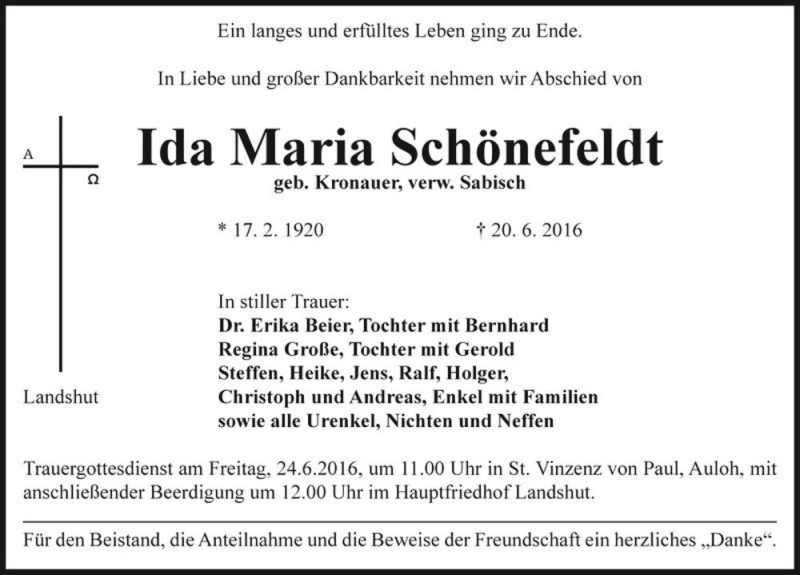  Traueranzeige für Ida Maria Schönefeldt (geb. Kronauer, verw. Sabisch)  vom 23.06.2016 aus Magdeburger Volksstimme