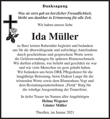 Traueranzeige von Ida Müller  von Magdeburger Volksstimme