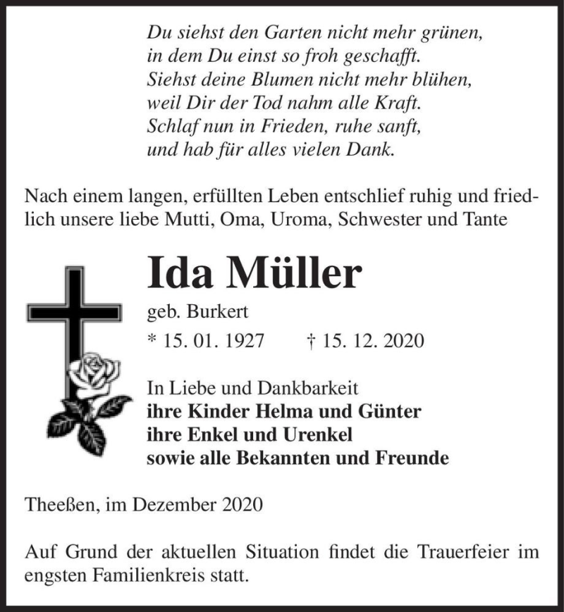  Traueranzeige für Ida Müller (geb. Burkert)  vom 19.12.2020 aus Magdeburger Volksstimme