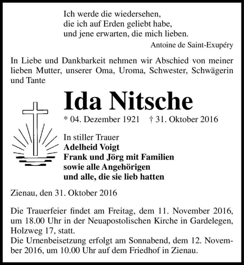 Traueranzeige für Ida Nitsche  vom 03.11.2016 aus Magdeburger Volksstimme