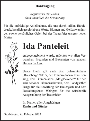 Traueranzeige von Ida Panteleit  von Magdeburger Volksstimme
