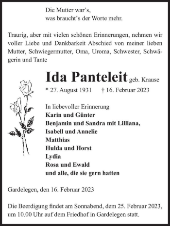Traueranzeige von Ida Panteleit (geb. Krause)  von Magdeburger Volksstimme