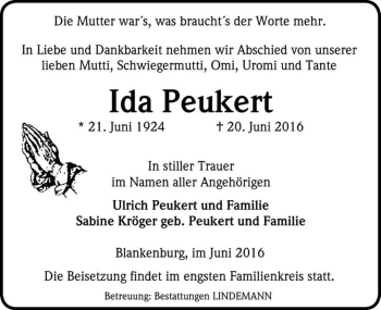 Traueranzeige von Ida Peukert  von Magdeburger Volksstimme