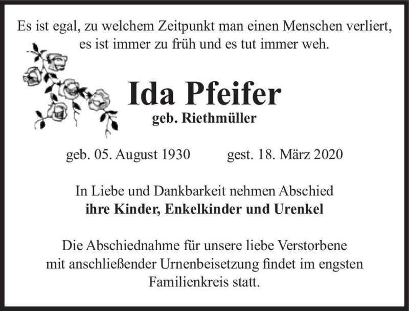  Traueranzeige für Ida Pfeifer (geb. Riethmüller)  vom 28.03.2020 aus Magdeburger Volksstimme