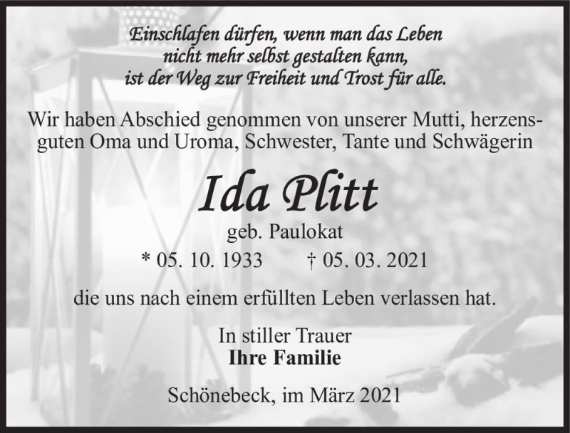  Traueranzeige für Ida Plitt (geb. Paulokat)  vom 13.03.2021 aus Magdeburger Volksstimme