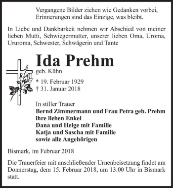 Traueranzeige von Ida Prehm (geb. Kühn)  von Magdeburger Volksstimme
