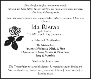 Traueranzeige von Ida Ristau (geb. Radis)  von Magdeburger Volksstimme