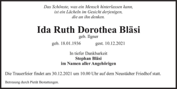 Traueranzeige von Ida Ruth Dorothea Bläsi (geb. Ilgner)  von Magdeburger Volksstimme