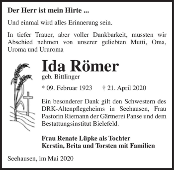 Traueranzeige von Ida Römer (geb. Bittlinger)  von Magdeburger Volksstimme