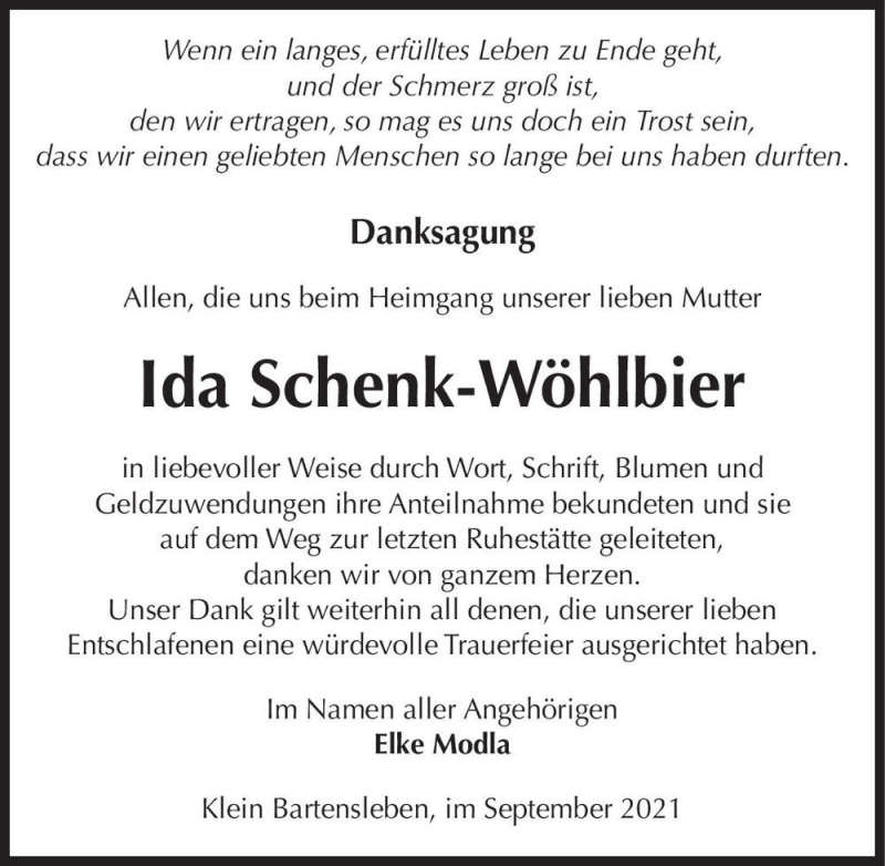  Traueranzeige für Ida Schenk-Wöhlbier  vom 02.10.2021 aus Magdeburger Volksstimme